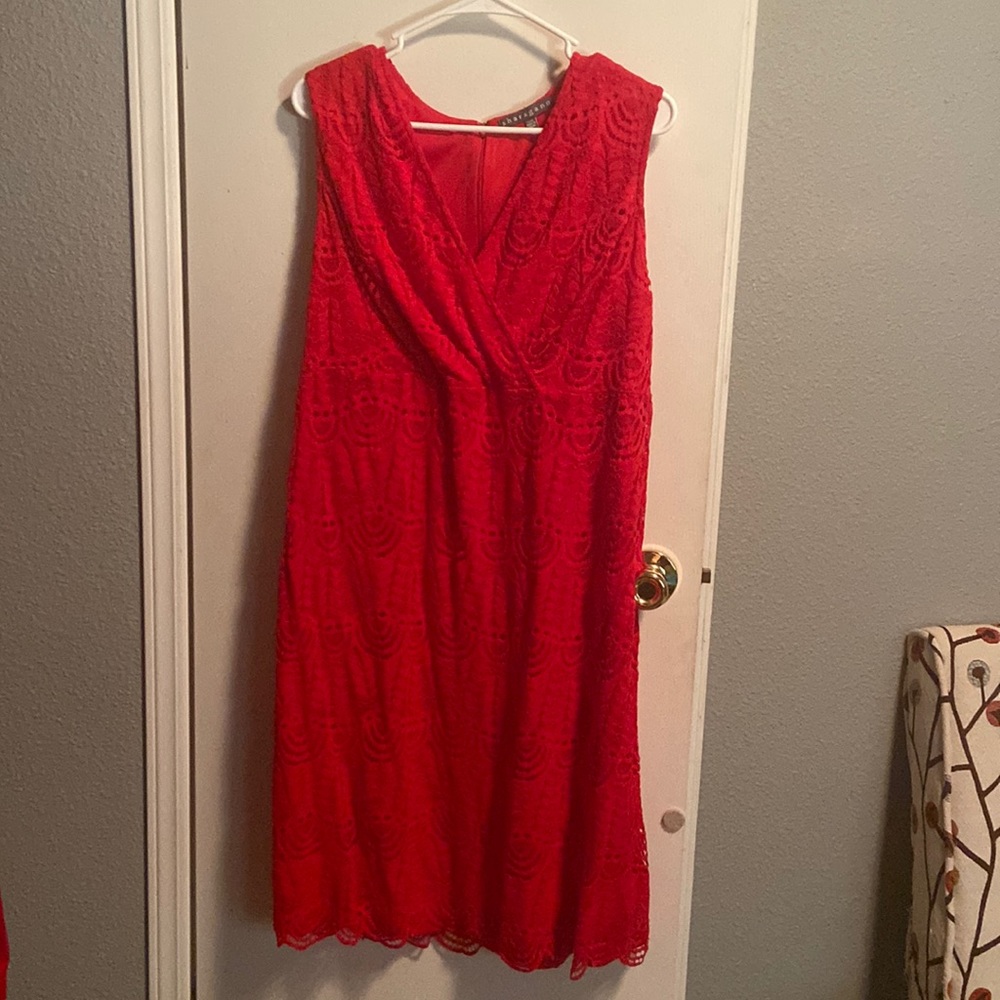 18W Shangaro berry colored lace dress with wrap bodice and scalloped hem, NWOT